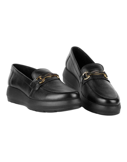 Zapato Mujer Mocasin Vestir Cuña Negro Piel Flexi 02504022